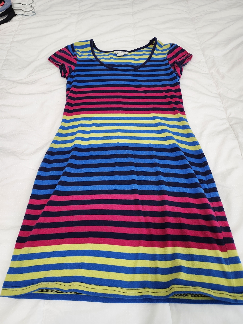 Derek Heart Striped Scoop Neck Dress in Blue, Lime & Navy